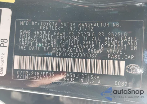 2012 Toyota Camry Se V6 z USA, uszkodzony, nr VIN 4T1BK1FK2CU006067